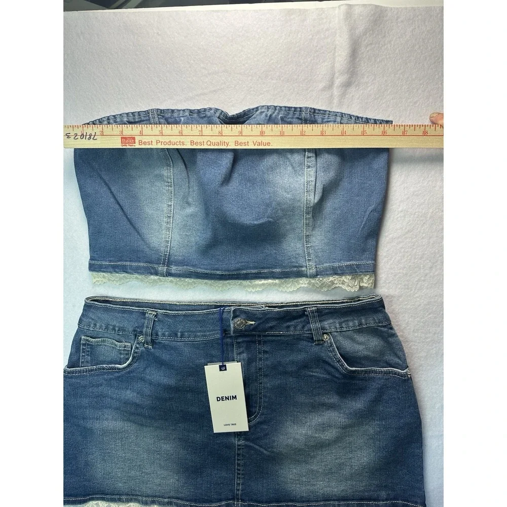 Love Tree Denim Skirt and Strapless with Lace Top Set Women's Size Large NWT - Picture 5 of 10
